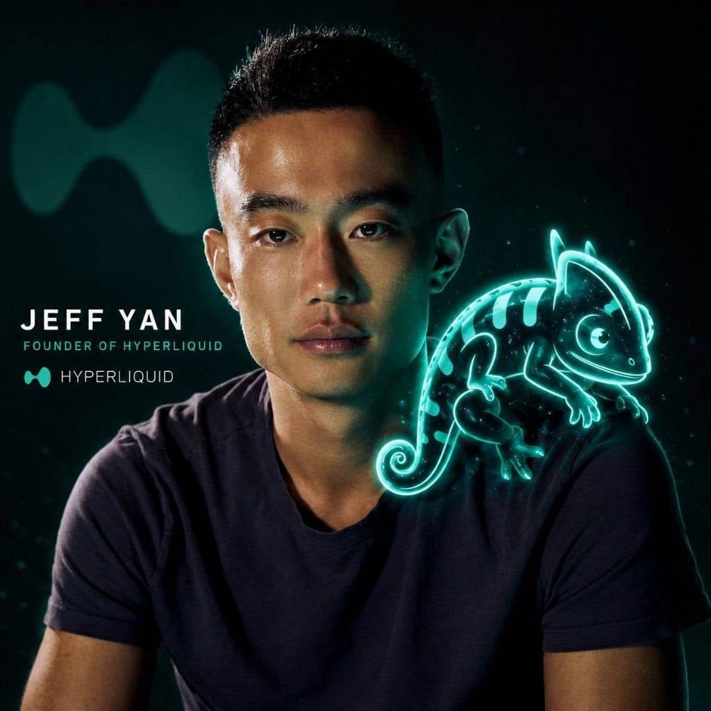 Jeff Yan, Founder of Hyperliquid, with a holographic chameleon